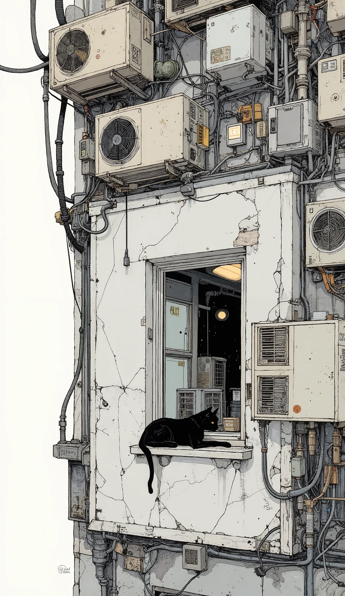 Tightly packed air conditioning units line the exterior of a building, creating a textured urban scene. A lone black cat lounges comfortably on a narrow ledge beneath a window, adding life to the otherwise mechanical facade. The illustration, done in black ink, captures the intricate details of the pipes, vents, and systems, reflecting a common sight in cityscapes. The drawing presents a quiet yet industrial atmosphere, utilizing a balance of stark contrasts and fine line work.
