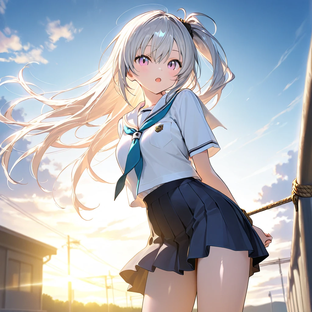 (high_quality), (masterpiece), highres, ï¼firefly \(honkai: star rail\), 1girl, solo, long hair, smile, blue eyes, closed mouth, looking at viewer, outdoors, bangs, (long sleeves), hair ornament, hairband, hair between eyes, cloudy sky, blue sky, star \(sky\), night sky, white hair, (cowboy_shot), (white blouse), [[blouse]],railing,serafuku,sailor_suit,school_uniform,yellow_neckerchief,sailor_collar,navel,(((no_pants,green_panties))),bowleg
