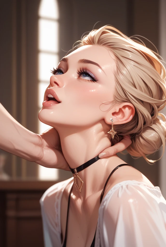 ((masterpiece)), ((best quality)), (ultra-detailed), ((cinematic light)), ((extremely detailed)), (8K), from side, (looking at viewer:0.8), beautiful blue eyes, blush, (white skin), large breasts, long blonde hair, (upper body), white ornate dress, detailed background, blowjob, oral sex, penis in mouth, hard cock in mouth, sperm on face, cum on face, cumshot on face, facefuck, deepthroat, cum on face, sperm on face, throatpie