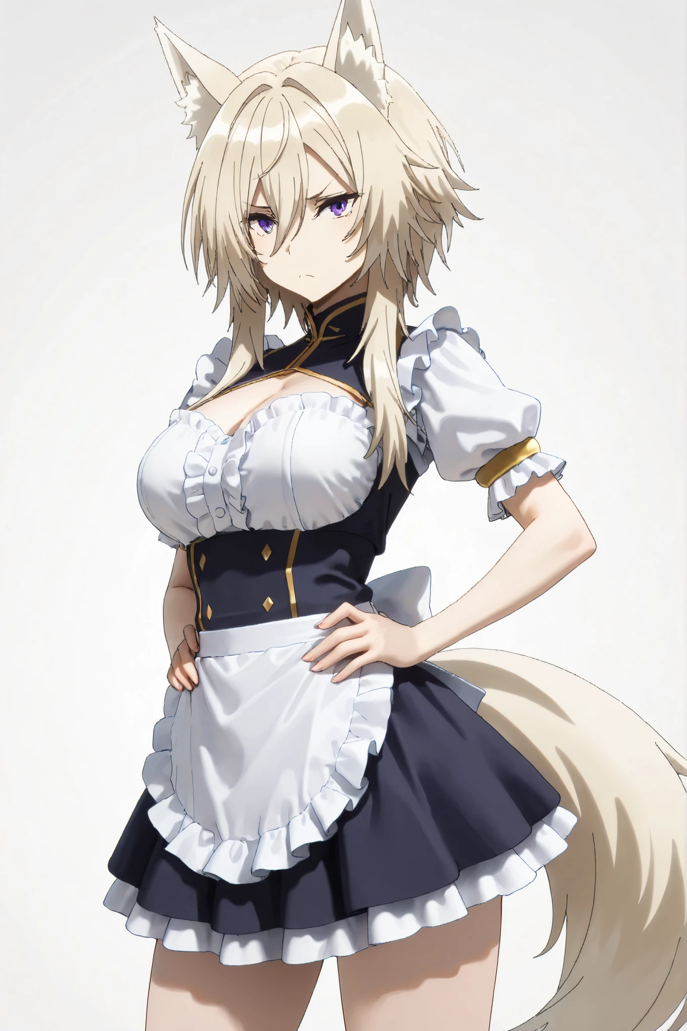 masterpiece,Highest Quality,high resolution,very detailed,Zeta\(kage no jitsuryokusha ni naritakute!\),animal ear、purple eyes、golden hair,tail,maid clothes,shoulder out,miniskirt,grumpy face