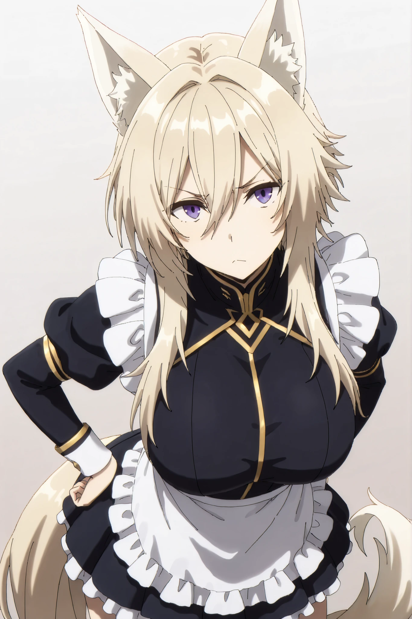 masterpiece,Highest Quality,high resolution,very detailed,Zeta\(kage no jitsuryokusha ni naritakute!\),animal ear、purple eyes、golden hair,tail,maid clothes,shoulder out,miniskirt,grumpy face