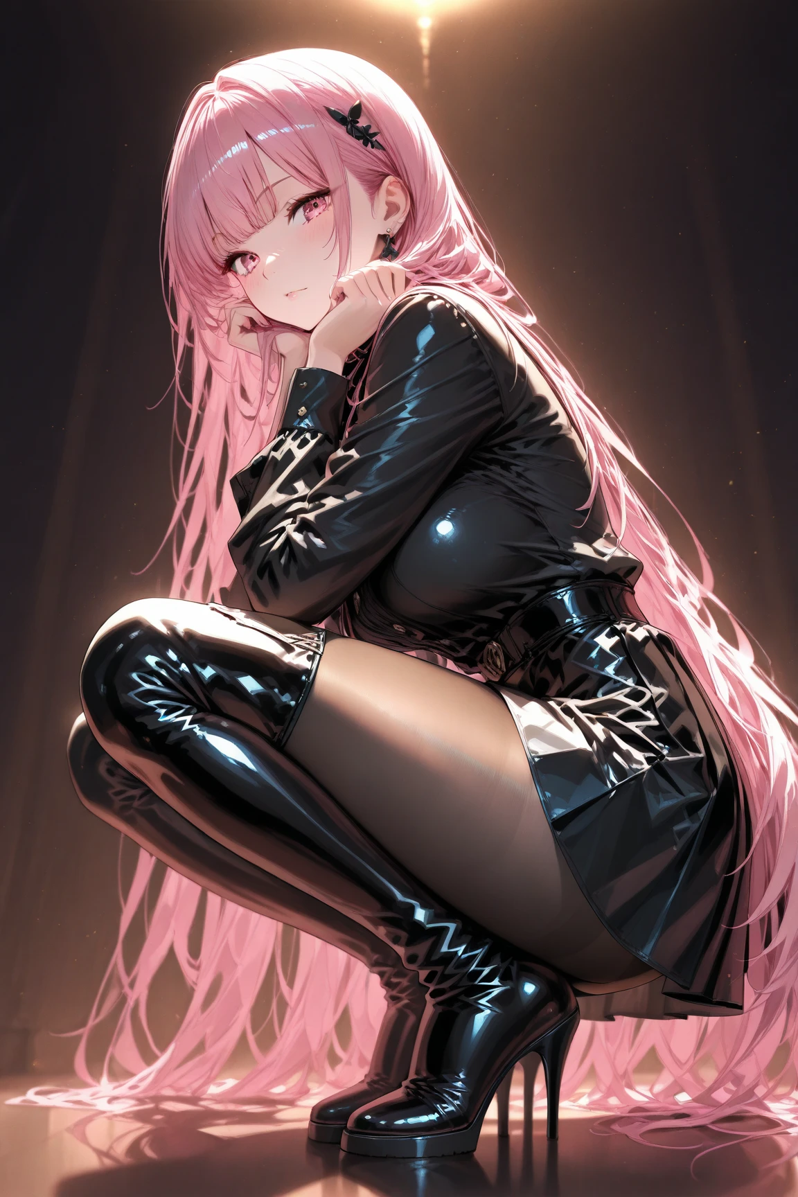 illustration, cinematic light, highres, highest quallity, ultra detailed, detailed face, (detailed eyes), best quality, hyper detailed, masterpiece, (detailed face), clean face, sexy mature woman wears (torn) leotard , floating cloth, see through, choker, open cloths, nsfw, high heels, red eyes, neon tiny glowing hair ends, dark magic, light reflection, heart shaped iris, playful eyes, open shoulder, rain, (wet body), tiny glowing butterfly, hair jewery