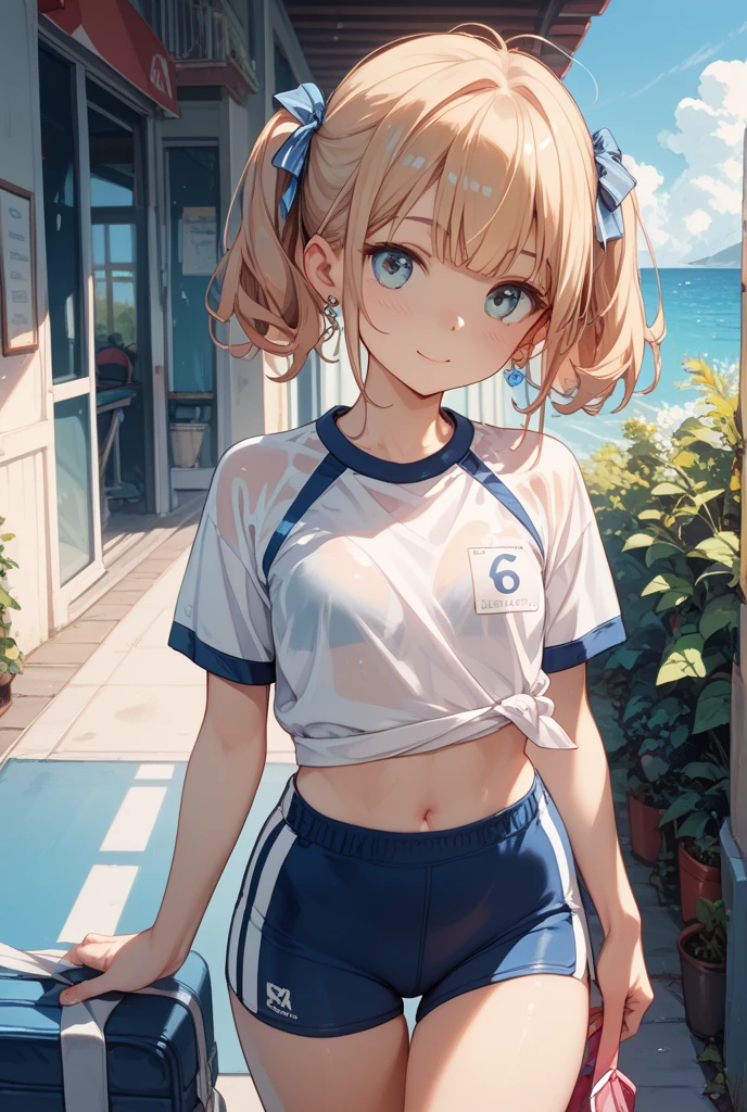 (8K, Raw photo, 最high quality, masterpiece:1.2), High-definition RAW color photo, Professional photo shoot, cinematic light, alone, (((young woman))), (detailed expression), (small face), (high detail skin:1.2), clavicle, cute face, beautiful appearance, long eyelashes, (blonde, twin tails, blue eyes), attractive big breasts, (slim body shape:1.4, A woman with a slender figure and large breasts), very detailed顔と肌の質感, fine eyes, beautiful feet, (((embarrassing:1.5))), ((hide one eye:1.2)), ((spread your legs, photo shootのためポーズをとる, sexy pose, squat with legs apart)), (magic hour:1.5), Joy and excitement, sweating:1.37, ((put your hands behind your head, Gym clothes with short sleeves:1.1, red bloomers)), ((pervert slut:1.1)), night school:1.5, beautiful skin, shiny skin, perfect fingers, five fingers, anatomically correct, background bokeh, high quality, surreal, bright colors, ((f/1.2, 50mm, Lens flare, very detailed, photo shoot)),