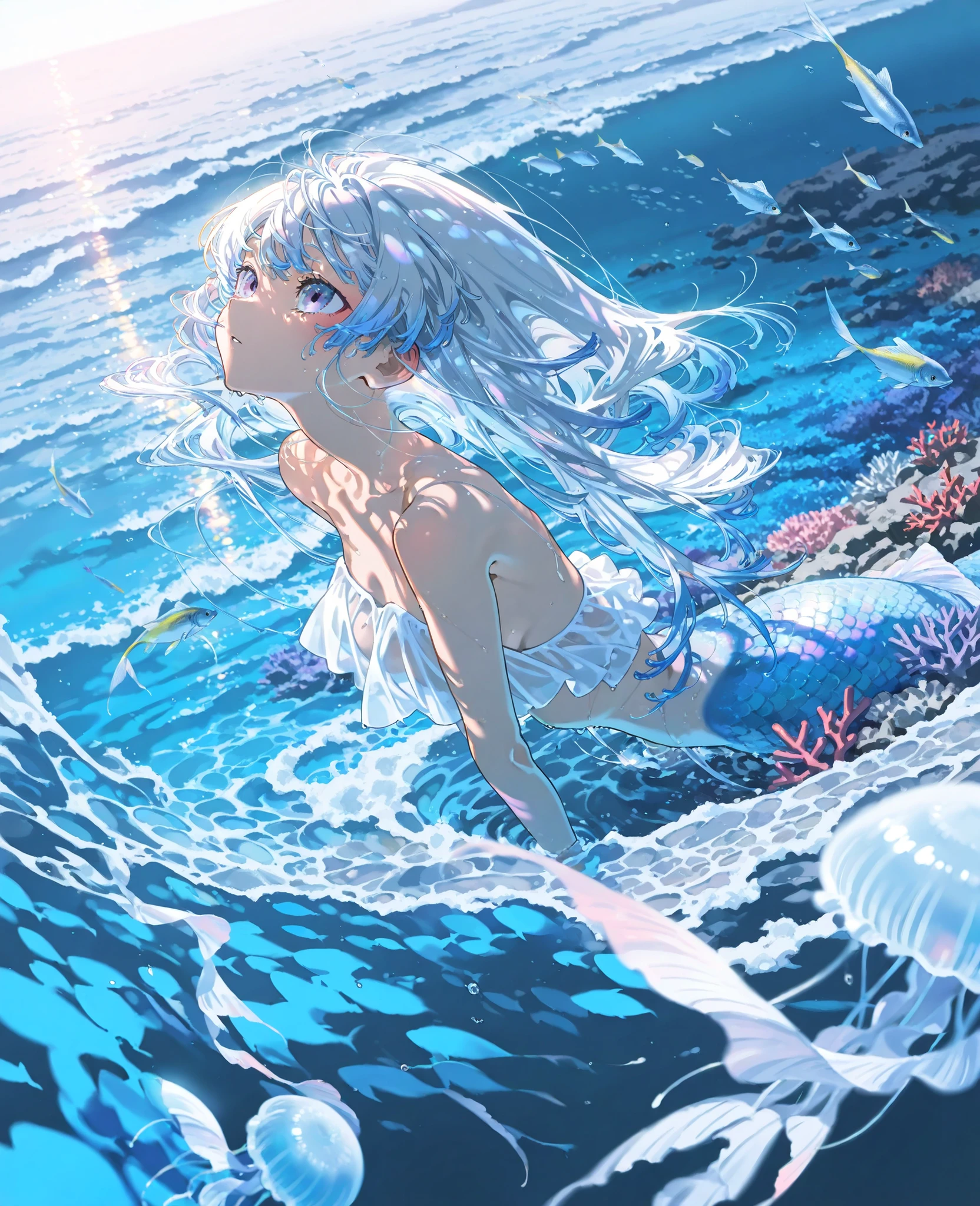 holographic color,(Yoneyama Mai:1.3),scenery,(tonight Kara sue1.23),(masterpiece, gradation , recently, is nice_quality, tall_quality, newest, very aesthetic、upper body、In the water、In the water、mermaid、Mermaid、beautiful hair、Play with fish、coral、dolphin、Jellyfish