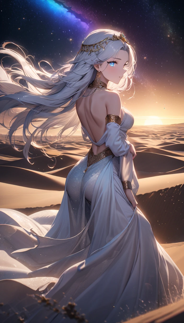 Mountain々A woman in a white dress is seen from behind, with her arms outstretched, on a hill overlooking the。Pale and gentle sky Fantastic Soft pink