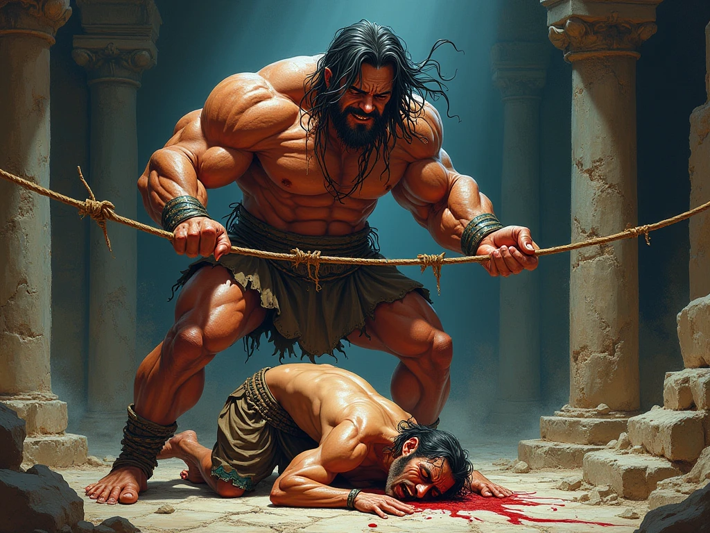 Create an image capturing the intense and bloody battle between Theseus and the Minotaur