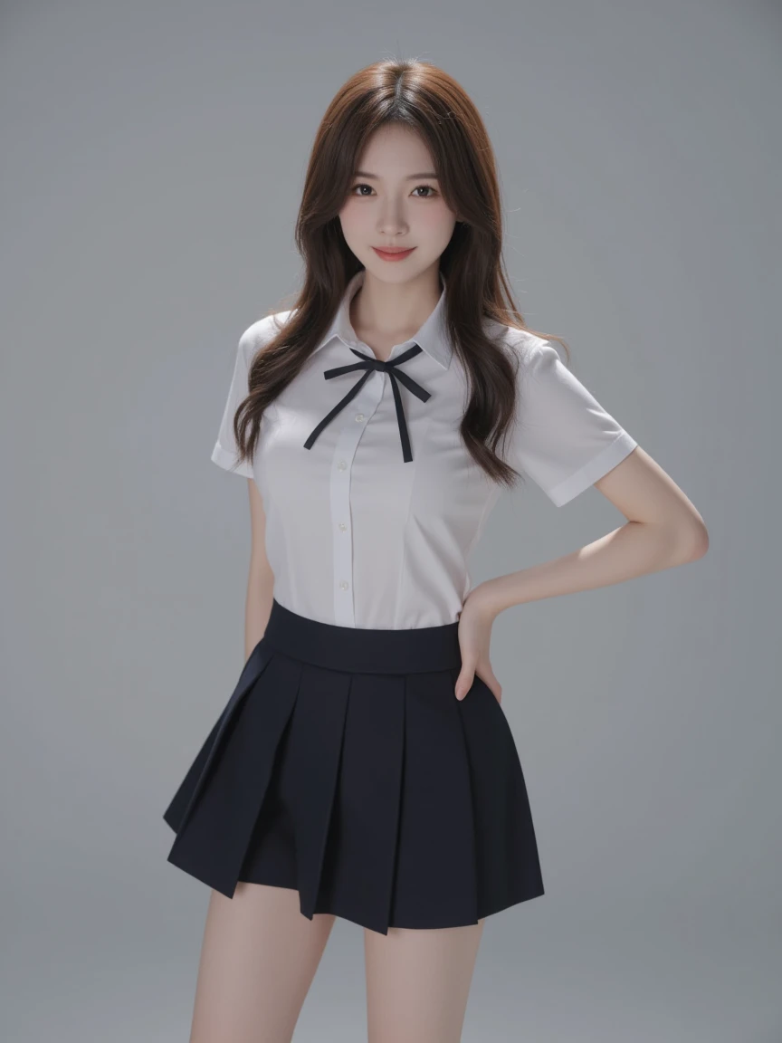 a young woman in prepschool uniform, short skirt, instagram influencer model, 4k ultra realistic, korean school concept, double eyelids, beautiful eyes, use the same facial features for all images