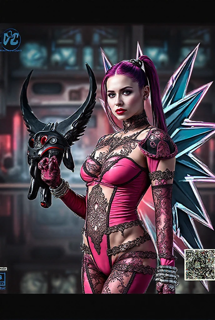 una ragazza ultra bella, con un'armatura (armatura techno fantasy nera) e una grande spada nella schiena, carina, 12k, uhd, fotorealistica, decorazioni rosse, capelli corti neri, ((razza europea)), (ultra bella splendida realistica), ventre nudo e (braccia nude), armatura nera, decorazioni rosse, grande spada rossa, peli neri, ((pelle rosa)), (red neon light decourations)