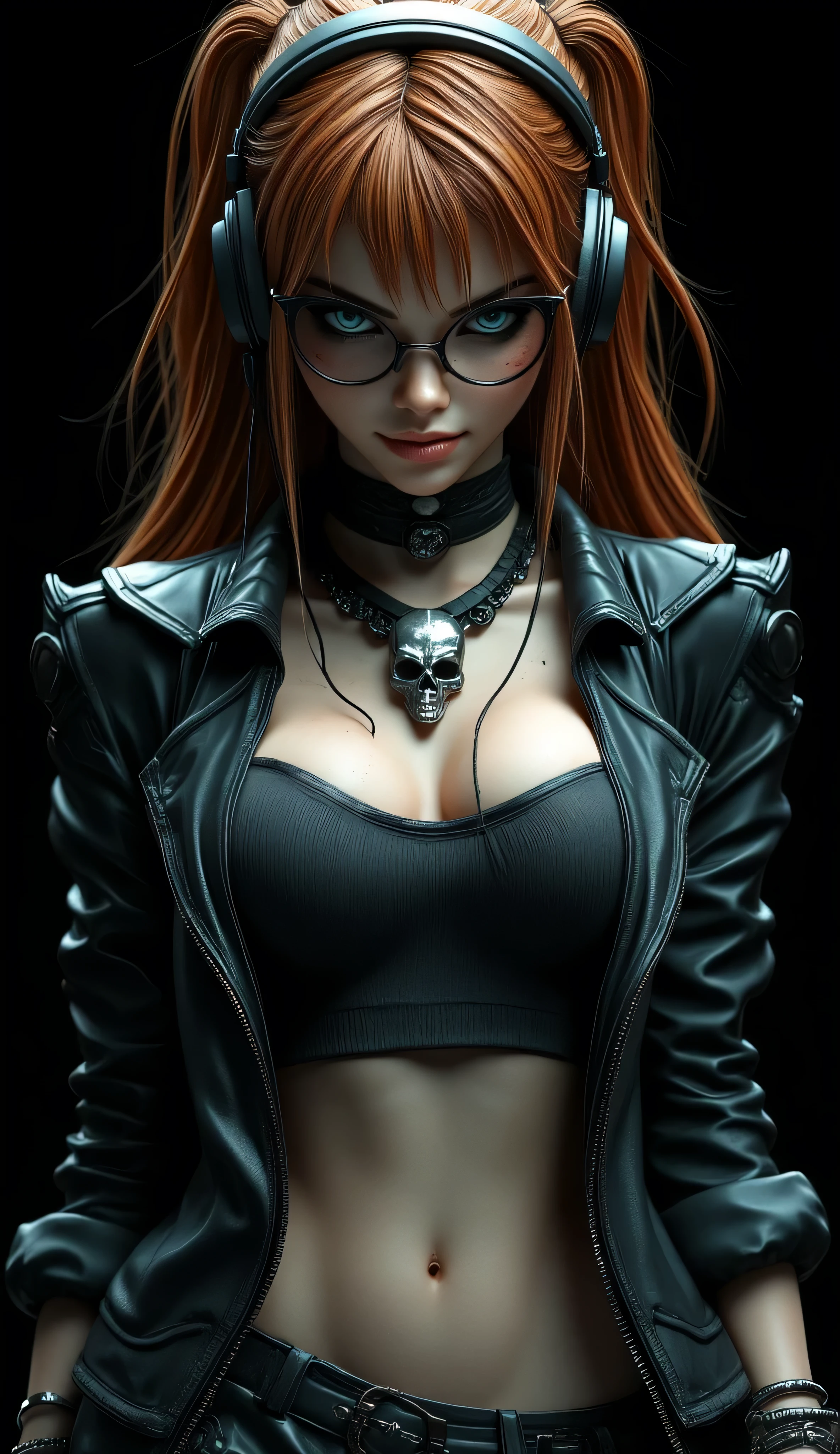 ((artwork, highest quality, Highest image quality, high resolution, photorealistic, CRU photo, 8k)),(best quality, 4k, high resolution, masterpiece: 1.2), ultra detailed, (realistic, photorealistic: 1.37), ray tracing, image of a girl, close-up of the bust, very pretty, pure black background ideal for wallpaper, extra detailed body, extraordinarily sensual, very expressive, seductive face. She is wearing metal framed reading glasses, she is listening to music with headphones on her head. She is wearing a black heavy metal leather jacket with the sleeves rolled up, a black leather choker with a ring, under the jacket a black t-shirt with a showing abdomen and a metal music band logo, large chest, tight black leather pants with chains, black sneakers, many bracelets on both arms, a silver skull ring on her hand, very detailed skin, The woman is beautiful and radiant, strong, powerful, sun-kissed brown skin, blush on her cheeks, she is freckled, very long, curly and disheveled orange-red hair that falls to her chest, very detailed, layered hair with bangs. Very expressive dark green eyes, long eyelashes, thick, wet and pink lips. She smiles mysteriously and sensually at the camera. He stands defiantly in front of the camera. In his hands he holds an AR15 assault rifle with an X4 reflex sight and a silencer. Pure black background ideal for wallpaper, cold lights, cinematic lighting, dark colors, photorealistic, 8k, ultra detailed, masterpiece, comic cover, illustration, HDR-10, Ultra High Definition, studio lighting, ultra fine painting, sharp focus, physical representation, extremely detailed description, professional, vivid colors, concept art.