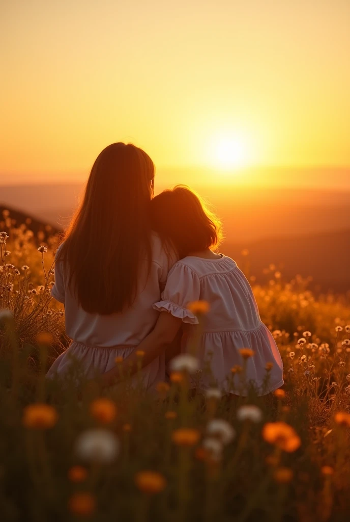 ((best quality)), ((masterpiece)), (Detailed), An anthropomorphic little wolf cub, and an anthropomorphic little fox girl, sitting hand in hand in a meadow by a lake and watching the sunset.