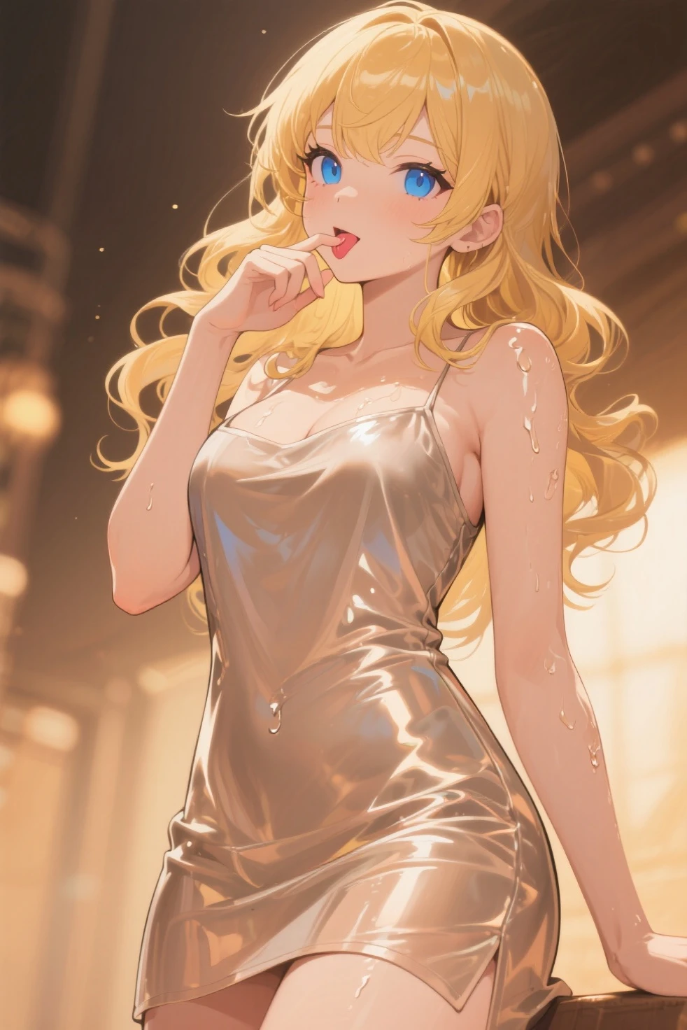 RAW shooting、Photorealsitic、masuter piece、one girls、Smaller face、a baby face、Very cute、Slender and beautiful、((small tits:1.2))、７Head and body、Meticulously drawn eyes、Attractive eyes、Twin-tailed、little giant、a choker、fine sequin dress、champagne gold dress:1.5、Chess gangte sleeveless dress with bold opening、Anguished poses、Luxurious dance hall、dimly lit dance hall、small title background