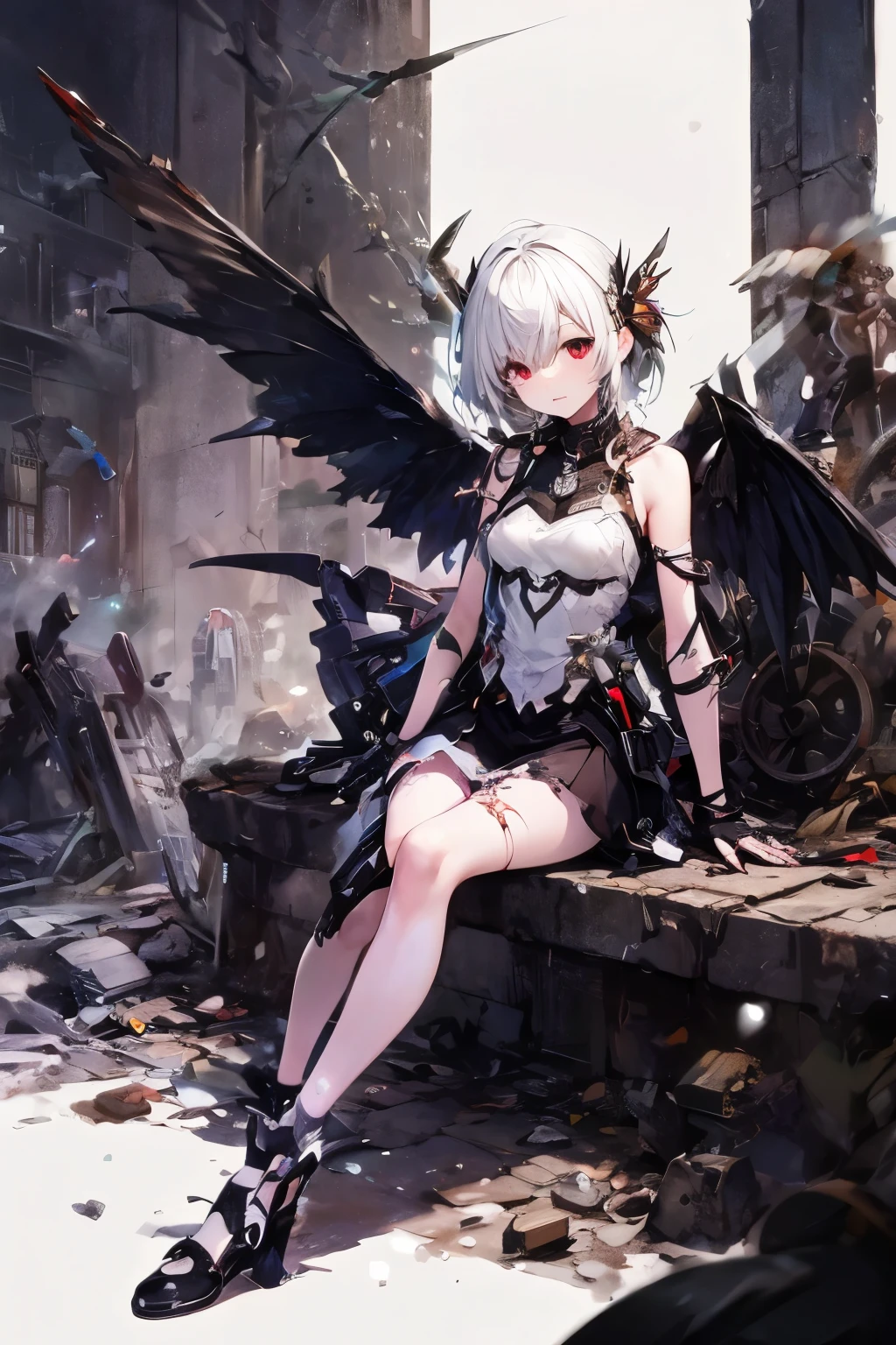 Mechanical Girl、white hair、red eyes、One eye is broken、Machine wings are growing、ruins、Tattered Wings 、sitting with legs extended、Mechanical joints、