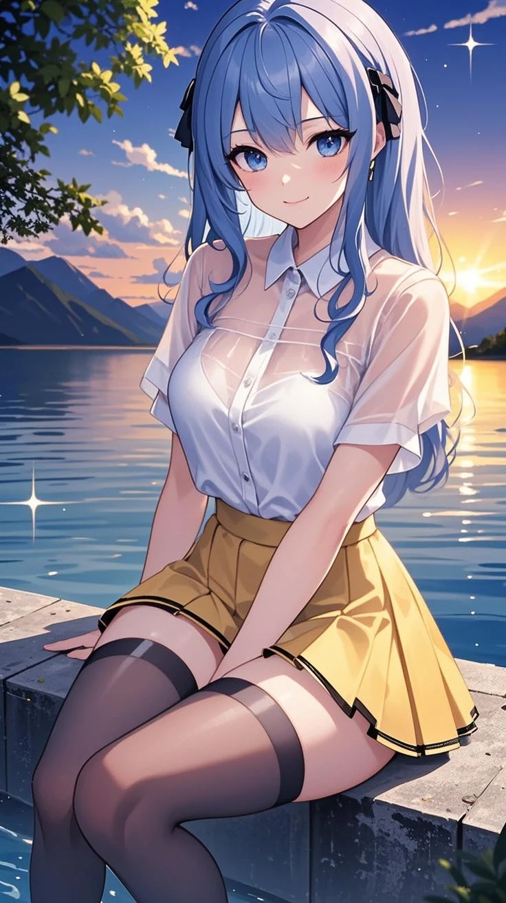 A beautiful Women, absurdres, ((pianist, sunset)), ((grassland background)), ((sit on a chair, playing a piano)), perfect body figure, very big breast, very big ass, soft blue color hair, braid hairstyle, grinning, happy , age 43, middle age, photo manipulation, altered realities, fantastical scenes, digital artistry, creative editing, evocative narratives, striking visuals , kinetic art, interactive installations, dynamic motion, engineering ingenuity, captivating visuals, ((Highest quality)), ((outstanding detail)), ((super high resolution: 3.5)), (fidelity: 1.4), ((best illustration, favor details, perfect detail rendering, ultra HD, masterpiece, ultra high res)), (photorealistic:1.5), raw photo, perfect brightness and darkness, light ray, perfect balance, smooth color transition, full body frame, shining light, Full detail character design, shining eyes, blue eyes, mature, perfect color layer, pose, day, wind blowing, breeze, perfect color blur, calm, perfect lighting, shining light halo, movement motion, cloud, warm soft lighting effect, (sparks:0.7), ocean blue sweater cloth, blue hat, art by Tachibana Omina, jeans pant