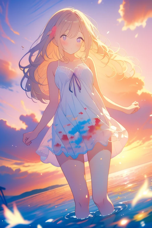 ((masterpiece, best quality)), night, Thin clothes, girl, Put one foot in the water with only the toes, girl standing, girl sideways, girl between the horizon and the sea, View from the side, Ripples spread from the toes, The scene of the incident was about 20 meters away from us, above sea level, night, The whole scene sparkles, There is a meteor shower