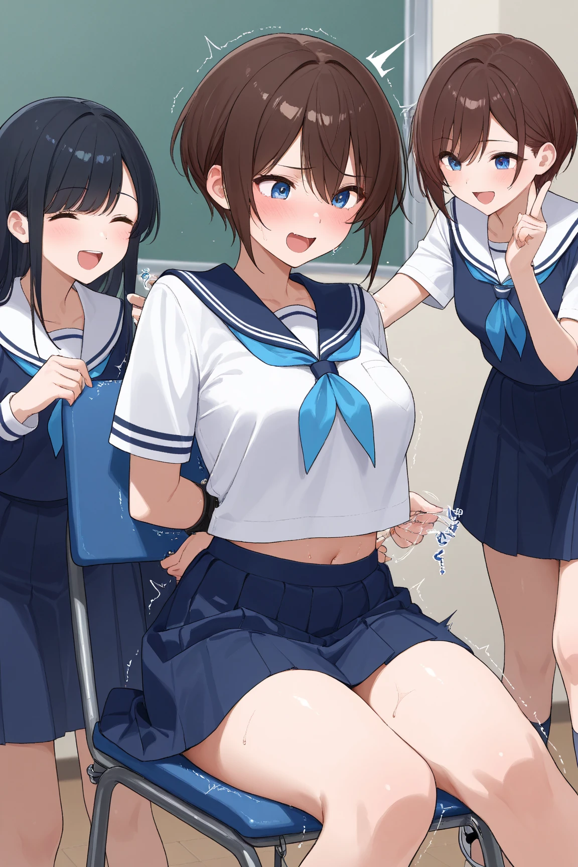 NSFW, (master piece, highest quality), three girls, Cover your breasts and crotch with your hands, bra is visible, nipples are visible, 18-year-old, school locker room, pull down your sexy white panties, Lift up the pleated skirt with your hands, (In the middle of taking off your panties), fluffy pubic hair, ((Change of clothes)), wide angle, best lighting, best shadows, (open your mouth a little), (surprised expression), chatting, Photographed from the shadows, low twintails, high ponytail, curl bob hair, a shy look, from behind