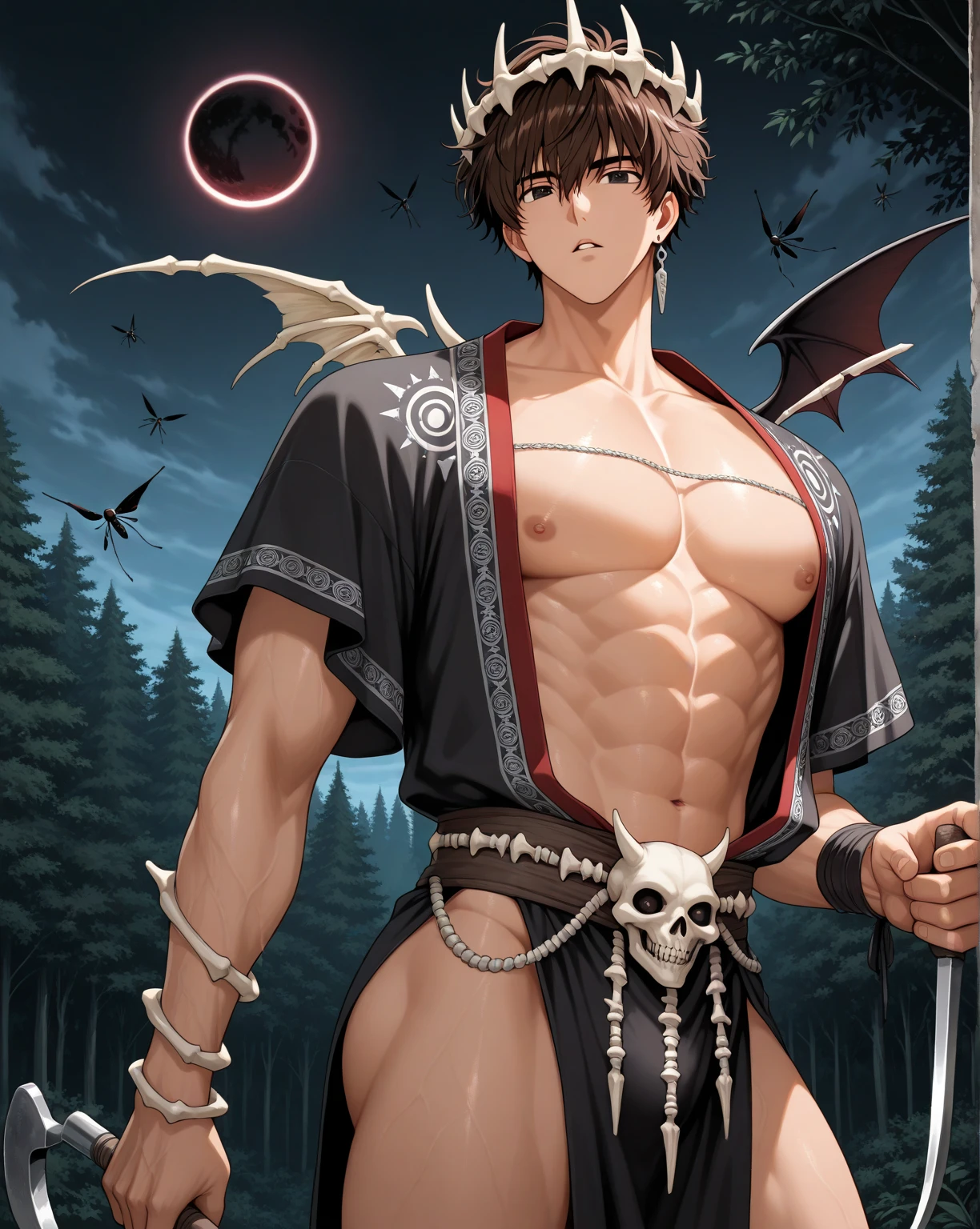 (score_9, score_8_up, score_7_up, score_6_up) BREAK human, anime, anime style, robot, android, android skin, barcode tattoos on the body, (damaged neck:1.4, damaged belly:1.4), broken chest, broken arms, solo, male, young, boy, young boy, nude, athletic, thin waist, short messy dark blue hair, cute young face, talking, black mouth, blue eyes, hard nipples, massive erect black penis, erection, foreskin, dripping precum, component, chip, circuit board, mechanical parts, mechanical component, holster, gun, handgun, holding handgun, hand holding handgun, exploring, exploring the forest, forest, forest background, angry expression, looking away, BREAK good quality, best quality, high quality, high definition, hd, 4k, 8k, masterpiece, good proportion, perfect proportion, good anatomy, perfect anatomy