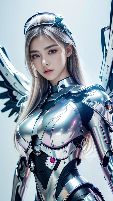 top-quality、masterpiece、超A high resolution、(Photorealsitic:1.4)、Raw photo、Mechanical Angel、large wings made of metal、White porcelain body、white hair、glowy skin、1 Mechanical Girl、((super realistic details))、portlate、globalillumination、Shadow、octan render、8K、ultrasharp、character edge light,Colossal tits、Raw skin is exposed in cleavage、Details of complex ornaments、Hydraulic cylinder、highly intricate detail、Realistic light、a purple eye、radiant eyes、Facing the camera、neon details、cowboy shot、Futuristic headgear、Sumerian details、Small LED lamp、