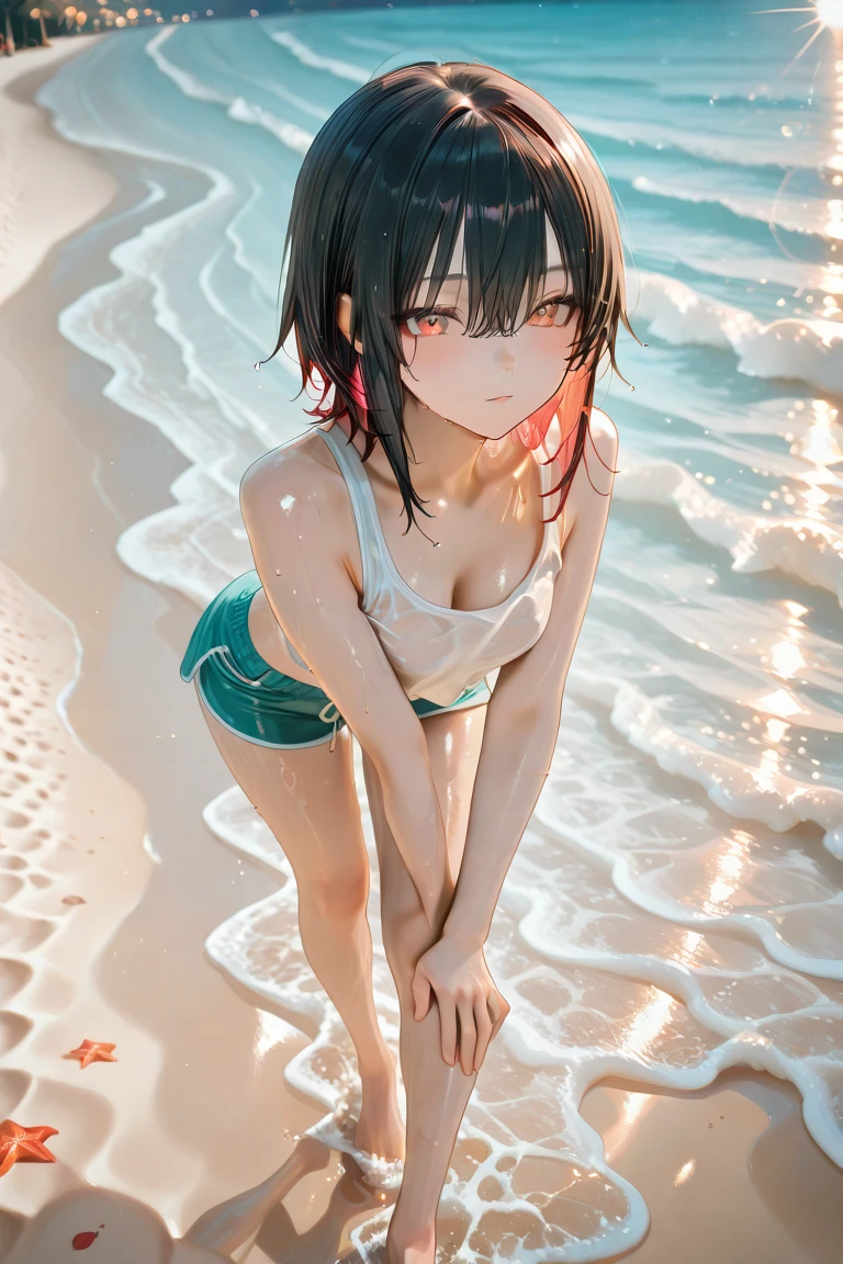 masterpiece, best quality, ultra detailed, highres, extremely detailed CG unity 8k wallpaper, perfect lighting, very detailed background, Outdoor、beautiful and aesthetic,sharp focus, perfect face, Perfect hands、Perfect Fingers、Perfect toes、Five fingers、
1lady、 smiling、
short black hair, large red eyes、delicate oval face、(flat chest:1.9)、Underlim figure、underboob、
Purple triangle bikini、Seaside、(Sandy Beach:1.3)、Sunset、Sunset、
thin thong、barefoot、Sitting、View your viewers、
Ambient light、Volumetric Light、shoot from side、(Glowing Skin:1.7)、