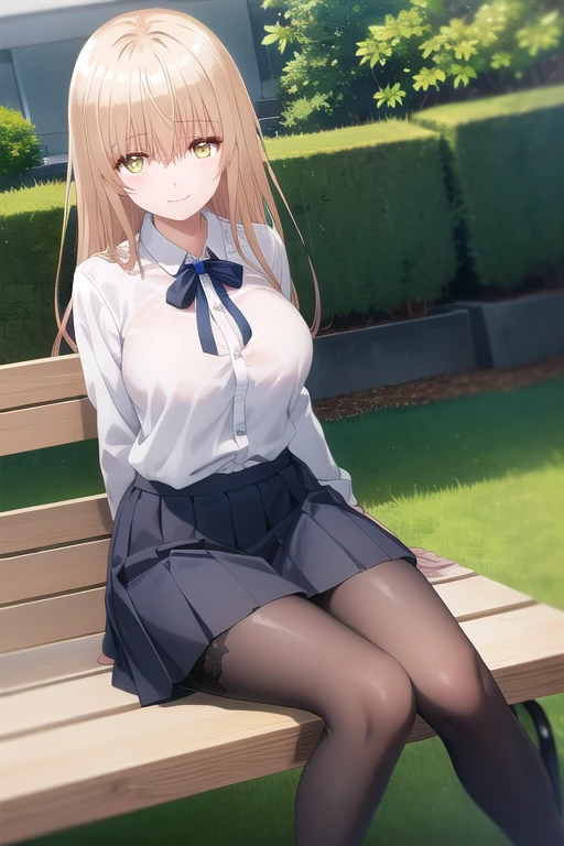 street background, traffic busy, shirt button, mini pleated skirt, black shoe, sit on the chair