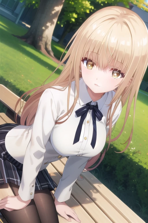 masterpiece, best quality, highres, Shiina Mahiru, long hair, red bowtie, blue jacket, blazer, long sleeves, plaid skirt, brown skirt, pantyhose, wariza, :o, field