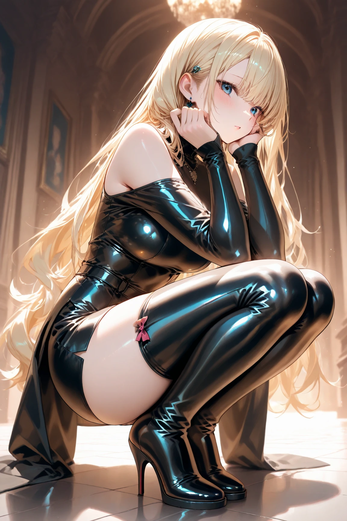 (depict girl in latex, long blond hair, straight hair), ((cute girly room)) , small breasts, greed, clever, ((latex leotard)), bound with golden jowels, (breasts point proudly forward), ((nice hipse)), (Masterpiece, Excellent, complex details), delicate girl, delicate face,