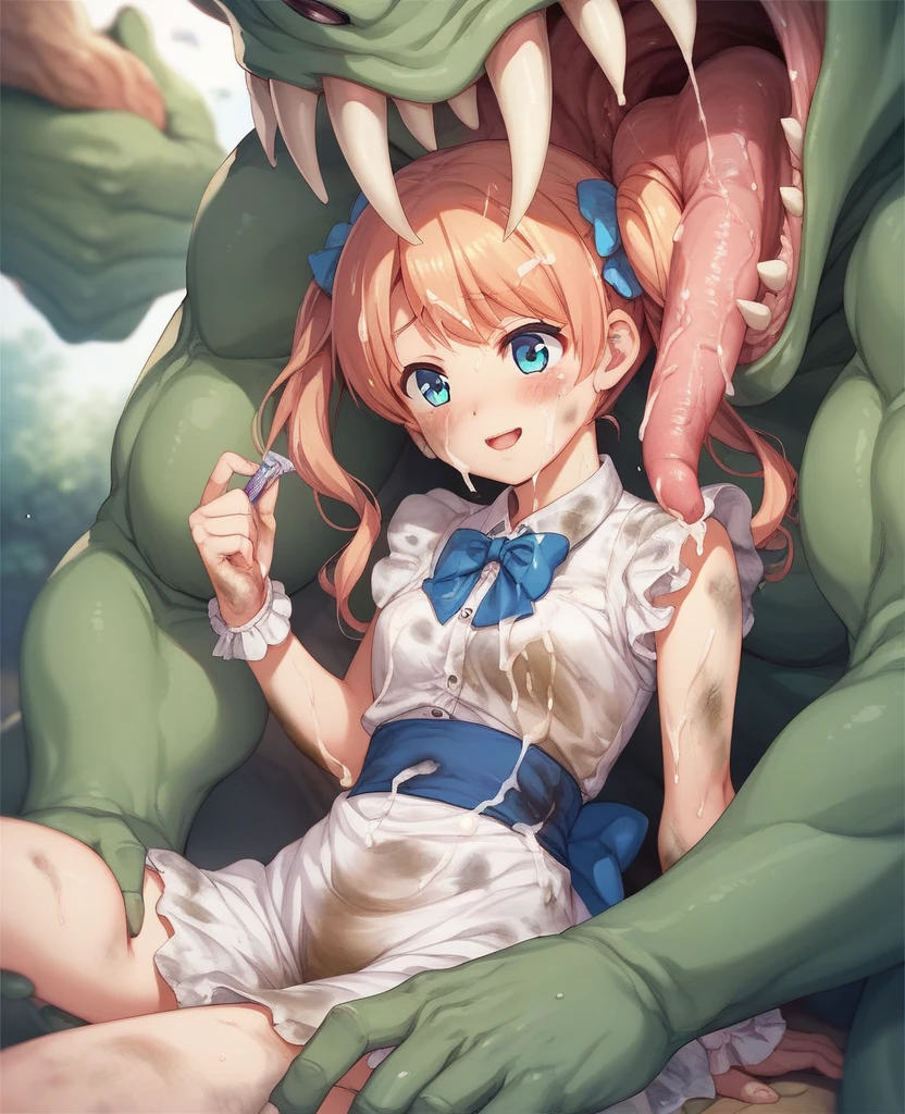 Create an anime-style illustration of a bedroom scene with two characters. The first character is a female humanoid T-Rex with a mix of human and dinosaur features, including scales, claws, and a tail. She has blonde hair with spiky tips and purple eyes, and she is wearing a pink bikini. Her tongue is extended, and she appears playful. The second character is a surprised young man with teal hair, lying on a bed, looking up at the T-Rex girl. The room is bright and well-lit, with a window in the background letting in sunlight. Emphasize the humorous and light-hearted interaction between the two characters. body on big chain, smile, blue eyes, no nails, pink blushes, lying on grass, very big breast, cleavage, wet breast, leg_up, lot of iron chains, anime girl leans forward, looking at viewer, slave collar necklace seductive anime girl, 8k octae render photo, cushart krenz key art feminine, 8k high quality detailed art, a sexy maid in a magical forest, anime girl with big breast laying on a bed in a room, anime goddess, seductive anime girl, ahegao, beautiful alluring anime woman, extremely detailed artgerm, trending on cgstation, white haired deity, oppai, from the azur lane videogame, 8k high quality detailed art, 8k anime, | fine detail anime, smooth anime cg art