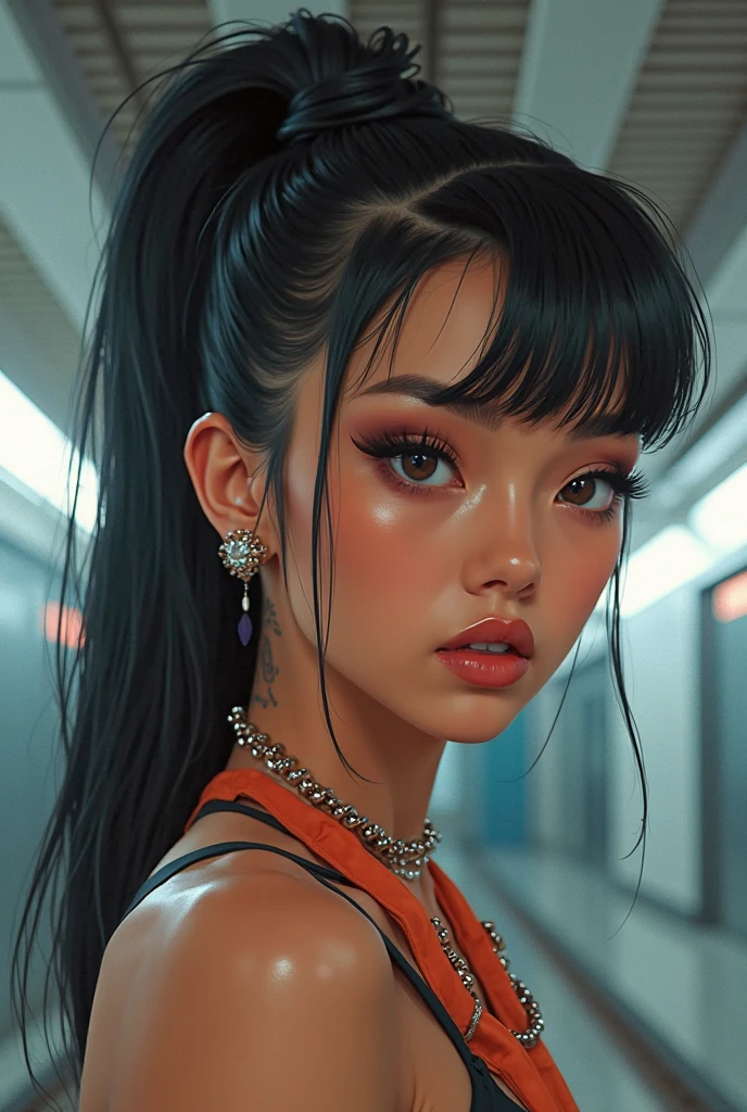 a beautiful girl, celebrating Holi, 20yo, perfect slim body, sexy, dark eyes, black hair, small chin, full of colors on cheek, gulal, color powder, color splash, tank top, big boobs, nipples --auto --s2