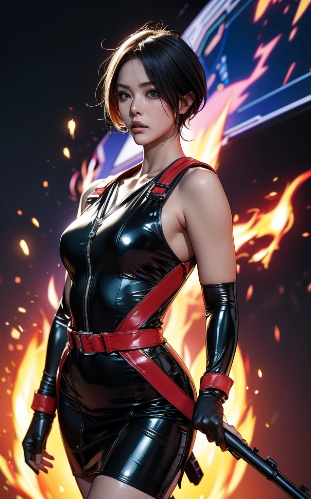 30 year old woman, alone, athletic, by the semi-cut ruby, she is wearing a tight red crop top, he wears blue jogger pants, has two belts, one small and the other a large belt hanging from his brown waist., wears blue fingerless gloves , he wears brown boots, smile at the viewer, points at the viewer, There is a little brown dog with white spots with her, high resolution, absurd, intricate, sharp focus, a New York alley in the background, Best Quality, Masterpiece, high resolution, Perfect picture, Very detailed, High contrast, Digital colors, simple, medium shot, cinematographic, ultra sharp focus, award-winning photography, perFect contrast, high sharpness, depth of field, ultra detailed photography, global illumination, fluid, ultra high definition, 8k, unreal engine 5, ultra-sharp focus, award-winning photography, Art Season Trends,
