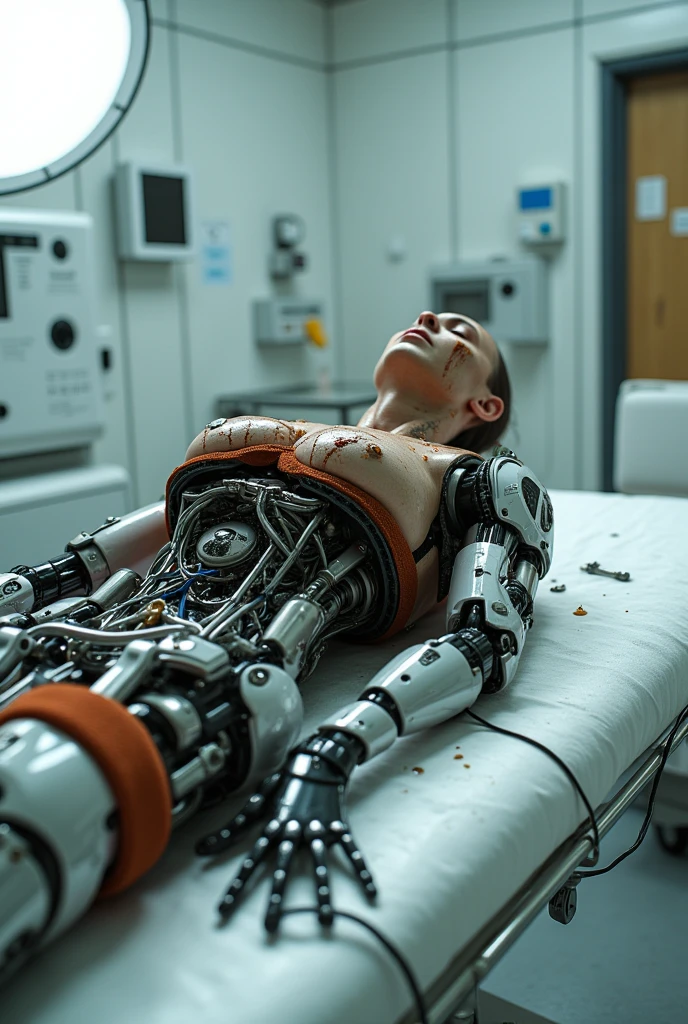 T-888 with living tissue covered endoskeleton is lying on the table. It’s shutting down
Cameron Philips (T-900) is cutting T-888’s skin on its chest