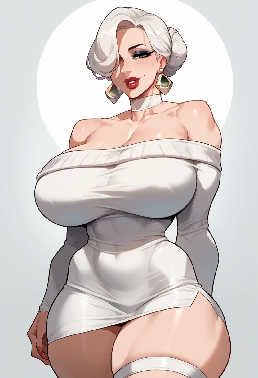 (8k, RAW photos, top quality, masterpiece: 1.2), (High Quality), ray tracing, HDR, (High Details), (big lips, luscious lips, beutiful lips, wide lips), stylized blush, masterpiece, best quality, high quality, highres, 4K, glossed lips, makeup, beautiful eyes, closed mouth, neutral expression, woman, detailed, cleavage, 1girl, solo, masterpiece, best quality, high quality, highres, 4K, (black woman, African American woman, dark skinned female, short hair, curly hair, white hair:1.5), white sweater, store background, skirt, stockings, one eye covered, red eyes, Cinnabus, Cinnabus Style, hair band,