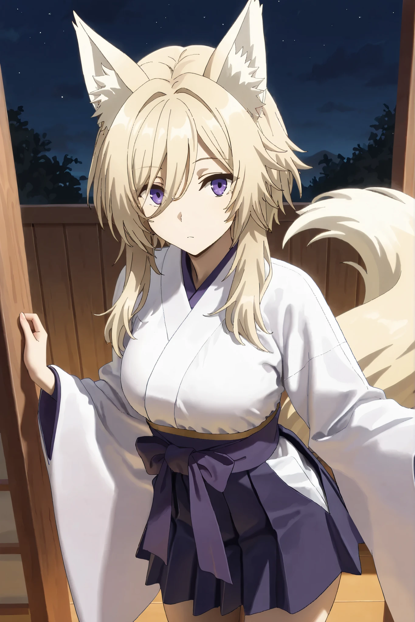 masterpiece,Highest Quality,high resolution,very detailed,Zeta\(kage no jitsuryokusha ni naritakute!\),animal ear、purple eyes、golden hair,tail, kimono,Hakama,miniskirt,band,Long-sleeved kimono
