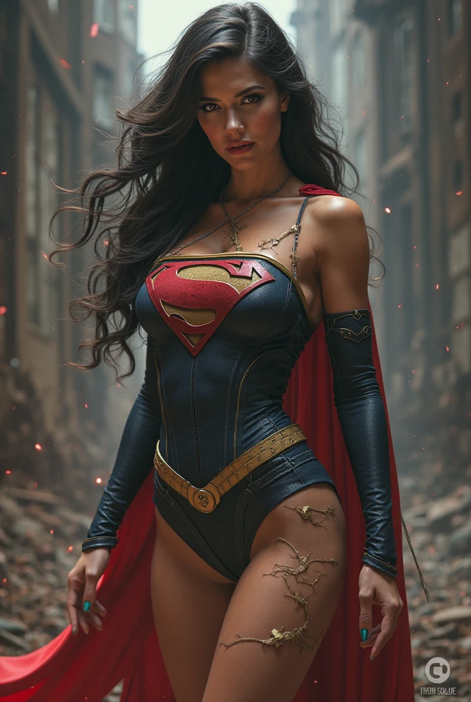 A FULL BODY VIEW OF A SEXY BUSTY TEEN FEMALE WITH DREAMY GREEN EYES AND MEDIUM MESSY BLACK HAIR WEARING A SLEEK BLACK SPANDEX LONG-SLEEVED SUPERGIRL CROP=TOP WITH A METALIC SILVER "S" EMBLEM ON THE CHEST, A SHORT BLACK PLEATED SKIRT WITH A SILVER LEATHER BELT, BLACK HIGH HEELED SUPERGIRL BOOTS, AND A LONG 2 TONE BLACK AND RED SUPERGIRL CAPE WITH SILVER TRIM. NOSE PIERCING, BELLY PIERCING, BLACK LIPSTICK, BLACK FINGERNAILS, INCREDIBLY DETAILED SKIN, INCREDIBLEY DETAILED FACE, INCREDIDBLEY DETAILED CLOTHING, TEXTURED SKIN PORES, TEXTURED HAIR, 8K ABSURD RESOLUTION, MASTERPIECE. PHOTO REALSITIC, HYPER REALISTIC. CHAOTIC BACKGROUND.