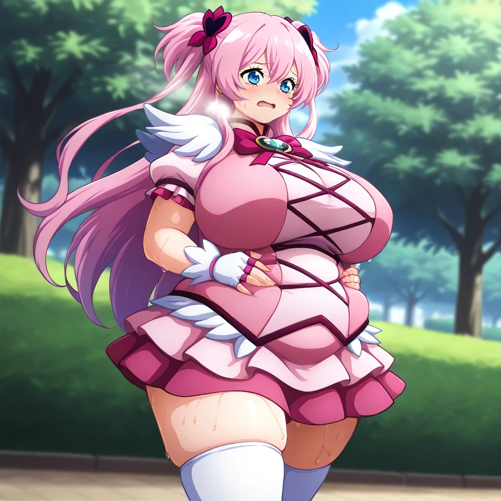 (8k,Ultra-high resolution,Highest quality,Ultra-high resolution,Official Art:1.5,Official Art),(Observe the audience), alone, smile, ((Pink knee socks)),(Browsing Caution), (Beautiful big boobs: 1.2 (Pussy), (((Very thick thighs))),Wide Hips, Beautiful thick thighs, Beautiful huge natural breasts,(Stand in Honor),(Take off:1.5),Beautiful Hair, Beautiful Face, Beautiful and beautiful eyes, Beautiful clavicle, Beautiful body, Beautiful feet, Beautiful fingers, (Beautiful views),smile),((Front view:1.5)), (((No pants, Genitals are visible))),Bangs straight,blue sky,(Cute pink and white PreCure costume:1.5),UnOfficial Hoshizora Ikuyo (Starry sky breeding) - Smile PreCure! (Smile PreCure!),(Pussy in full view/crew),(((She is showing you her pussy))),1 Female,difficult,