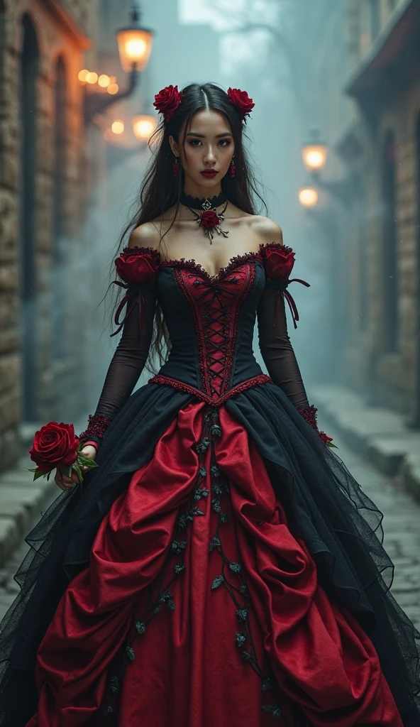 I want you to create a sketch of a dress inspired by the Queen of Hearts, with a style that mixes medieval and princess elements, suitable for a gala event. The dress will have details that refer to the theme of Alice in Wonderland, with colors characteristic of the Queen of Hearts, like red, black and details that are simple but striking