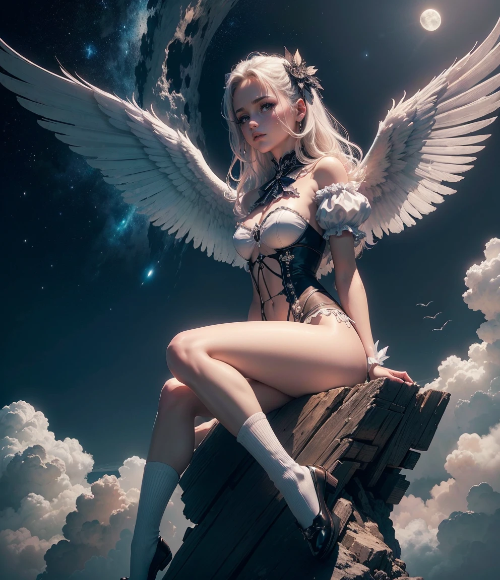 ((nood)), ((tmasterpiece)), (A detailed), seductive succubus, ethereal beauty, Perching on the clouds, (fantasy illustrations:1.3), a captivating gaze, enchanting posture, Delicate wings, Otherworldly charm, mystical sky, (By Luis Royo:1.2), (Yoshitaka Amano:1.1), Moon Night, PastelColors, (Detailed Cloud View:1.3), (hight resolution:1.2),up close shot,up close shot,Black eyes,Detailed beautiful eyes,angelicales,one white winged