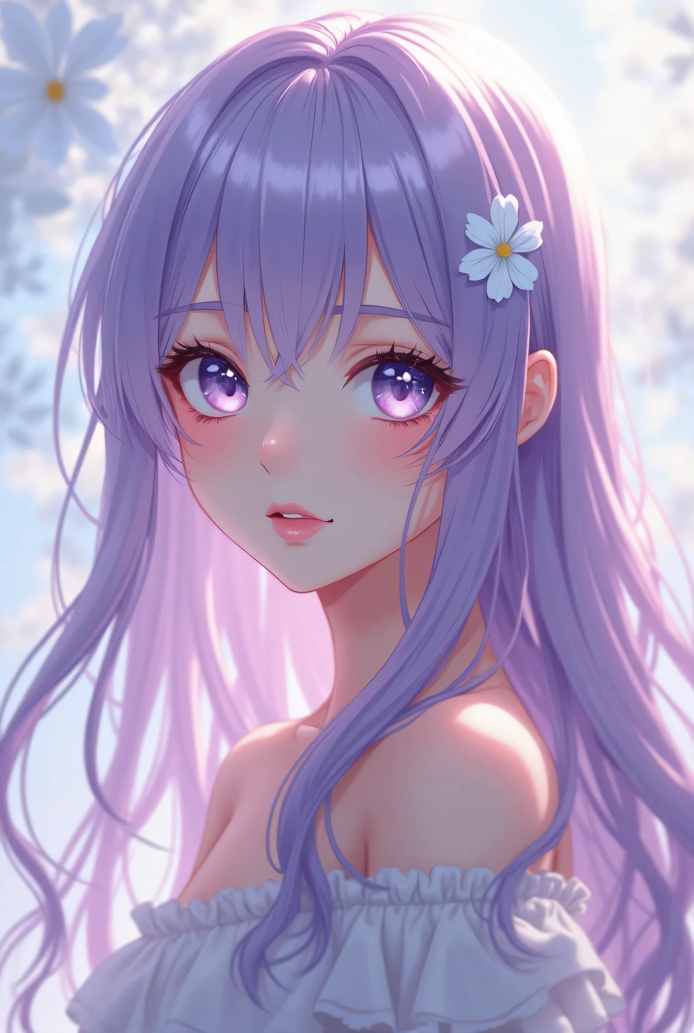 (((Masterpiece、Ultra high definition、Ultra HD、8K Quality)))、(((Woman in a white micro bikini))), (((Purple Hair、Updo)))、Purple Eyes、((Bangs))、Pink Lips、tiara, scenery, Sexy expression, ((Very detailed)), (Perfectly detailed face), (Detailed and well-drawn hand) 、Very large breasts、Cute Smile、Photorealistic images 、 Picture from the waist up、Earrings、bracelet、ring