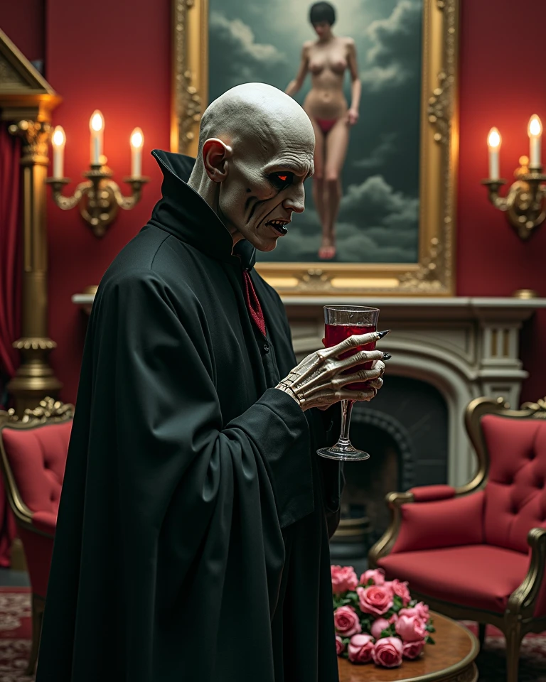 ((bill skarsgard)) in the role of nosferatu holds a glass of wine in his hands and holds it out into the frame, It's dark in the background