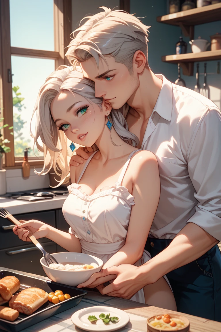 Photograph of 25 year old beautiful white american woman with blonde hair and a 28 year old dark-skinned african-american man with short black hair a goatee looking lovingly at each other while feeding each other having a candlelight dinner on a wooden raft in the ocean. loving facial expressions. plate of steak and mashed potatoes, bottle of wine, wine glasses., UHD, masterpiece, anatomically correct, textured skin, super detail, 8k