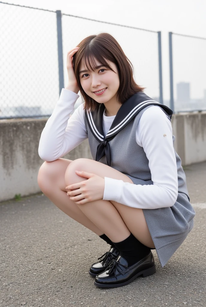 NSFW:1.6、A smile full of happiness、((looks happy:1.3))、Breathless face、Missing、High school girl outfit(Checked mini skirt、Too short)、sweating、Expression of the state of excitement、short hair、((Completely naked、whole body))、((Hold up your skirt with both hands:1.3))、One girl,(The crack between her legs is completely visible..:1.3)、((Squatting with legs apart))、Completely naked、