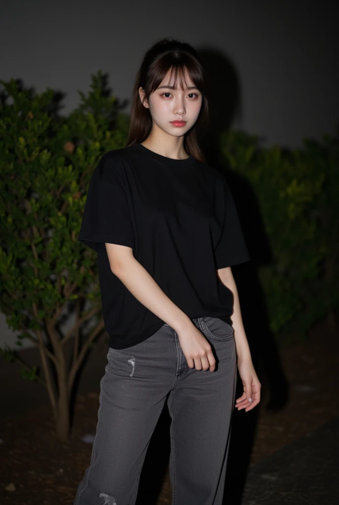 1girl, Solo, One Japanese woman of about 25 years old, black long elegant hair style, black eyes, t-shirt, denim shorts, sport shoes, black pantyhose ,city photography, whole body, body measurement 36-25-35, 8k, , Masterpiece, Full Body Shooting, Top Quality, Fine Pore, Realistic, Photorealistic, Ultra Detailed