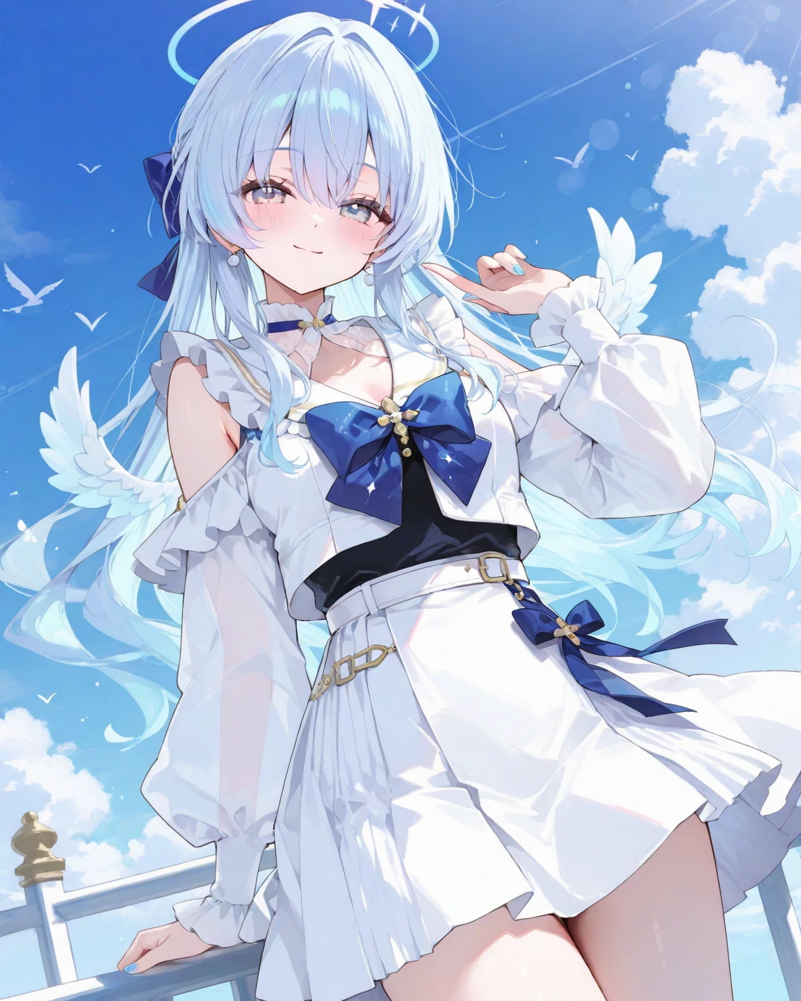 Angel Wings，Blue Halo，White pantyhose，White long hair，Flowing long hair，Cat ear，Heterochromia（Left blue right yellow），female face，There are bright spots in the eyes，Female hands，White little hands，Normal fingers，flat chest，On an island in the sky，night