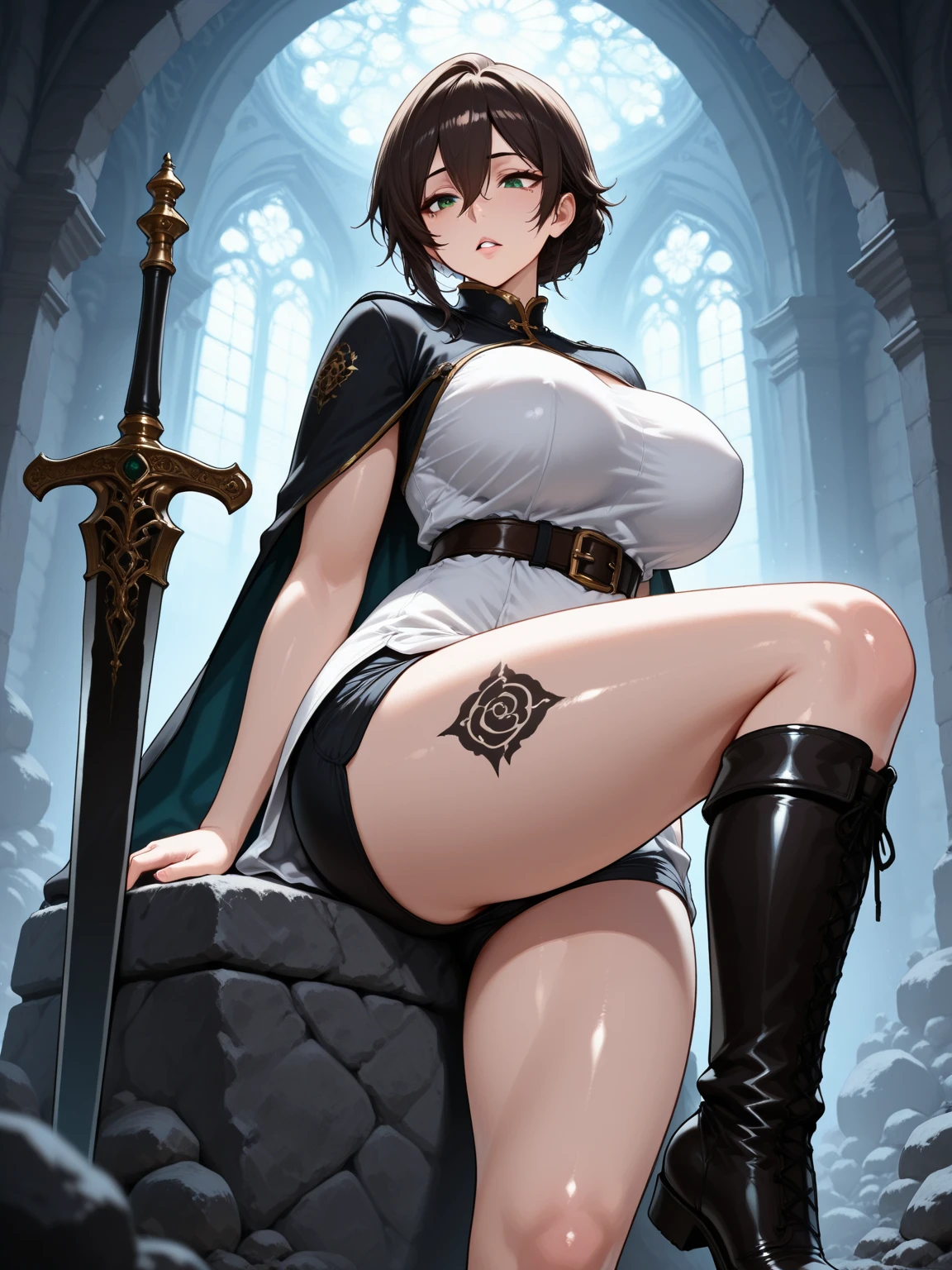 (Masterpiece, Best Quality, Highres:1.2), Detailed, Intricate Details, 4K,1Girl,mature, curvy, wide hips, black hair, bobcut, standing,knight, steel breastplate, huge breasts,castle interiors, bikini armor, stained windows, godrays, Futanari, Eqcok, Horse Penis, ( Flaccid, Long flaccid penis:1.4),( breast squeeze:1.3),<lora:EquineCock:0.85>, toned, resting testicles, precum