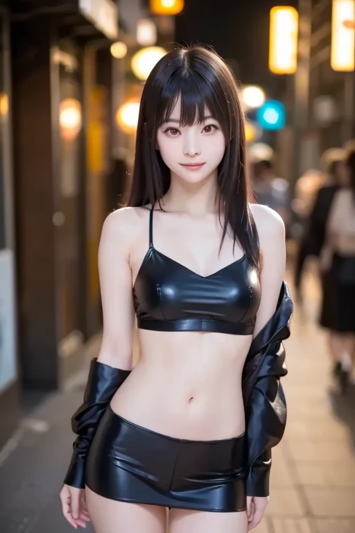 Japanese female, (underweight), (flat chest best quality:1.5), 30 years old, (cheerful grin:1.3),
(black leather jacket), (red bodysuit:1.3), Modern red light district, prostitute, (dark atmosphere:1.2), (cyberpunk:1.2)