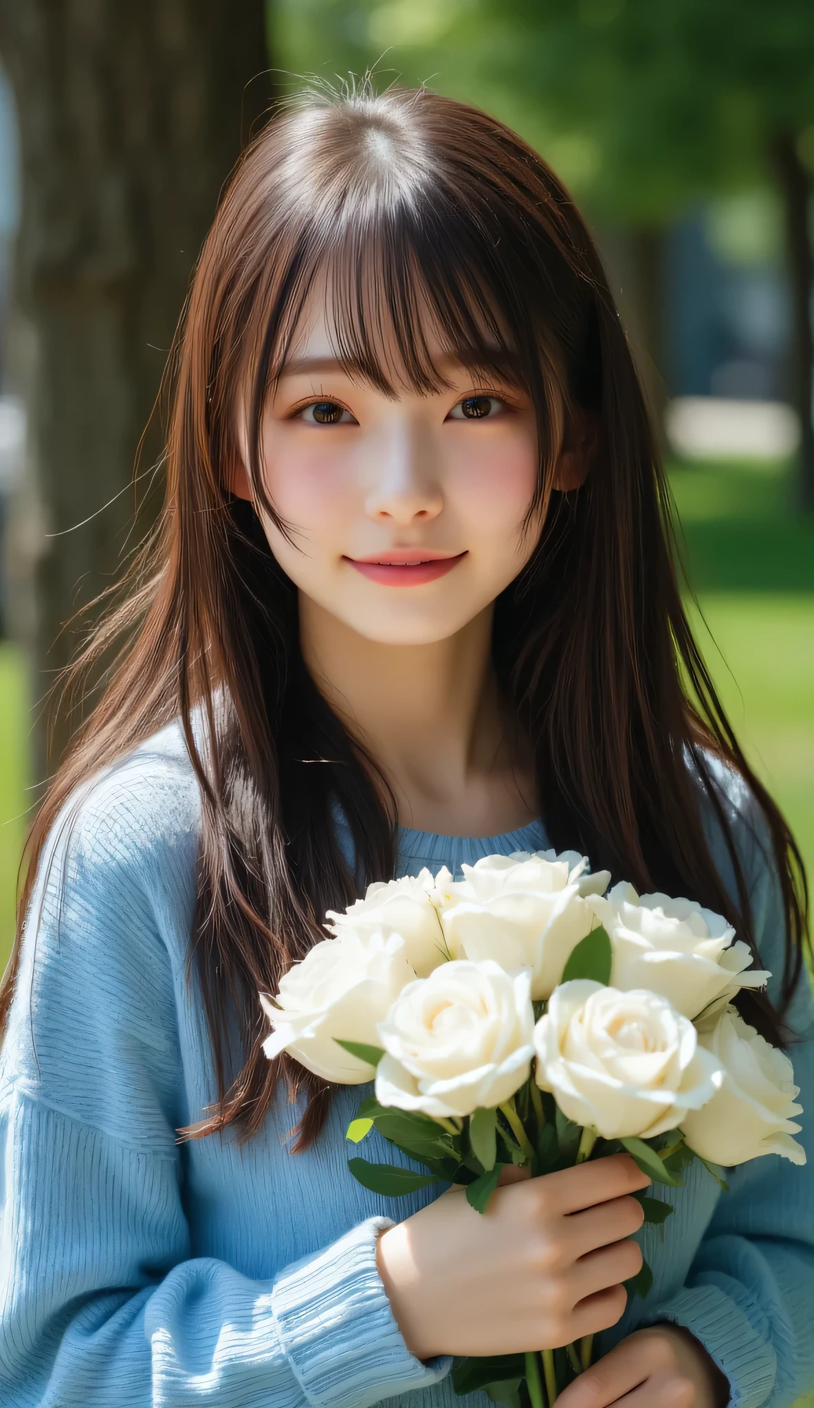 a portrait art photograph in perfect light, a portrait of a young woman with long, wavy brown hair, She is standing in a park or garden with trees and grass in the background, The woman is wearing a blue sweater and is holding a bouquet of white roses in her hands, She has a serious expression on her face and is looking directly at the camera, The overall mood of the image is peaceful and serene