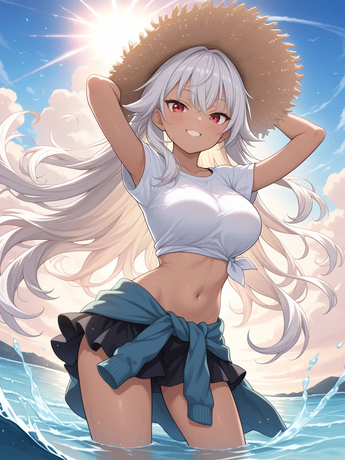 looking back at viewer、tideland、Covered in mud、Tiny thimps、Thighs、Girl、Girl、Younger、Baby Face、flat chest、forehead、Butt、Dynamic Angle、Seaside、Sandy Beach、Glaring、sunlight、Both eyes open、Sun hat