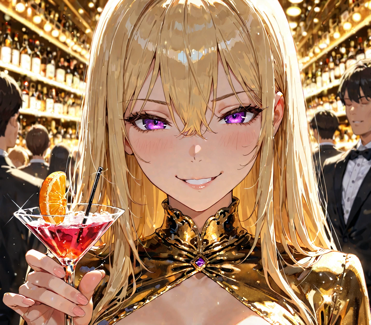 ((highest quality)), ((masterpiece)), (detailed), Perfect Face, girl、Blonde、blue eyes, whole body, whole body, 少しAngry expression, Dressed as a rabbit、(((Golden lighting))), (Night lounge:1.3, lounge lady:1.3, Drinking alcohol)