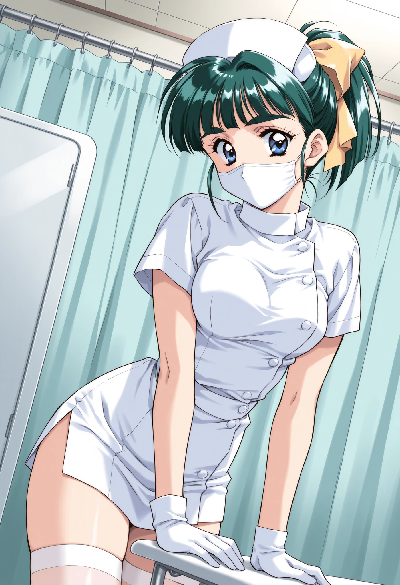 Score_9, score_8_up, score_7_up, source_anime, IijimaMiyuki, 1girl, solo, green hair, short ponytail, blue eyes, Yellow bow, hair bow, bangs, breasts,1990s (style), kadoi aya style, thick eyebrows, (best quality), (high quality), {masterpiece}, extremely delicate and beautiful, ultra-detailed, beautiful detailed eyes, nurse, nurse hat, ((white nurse's outfit)), white gloves, white thighhighs, hospital room, ((white mask, mouth mask, covered nose)), standing
