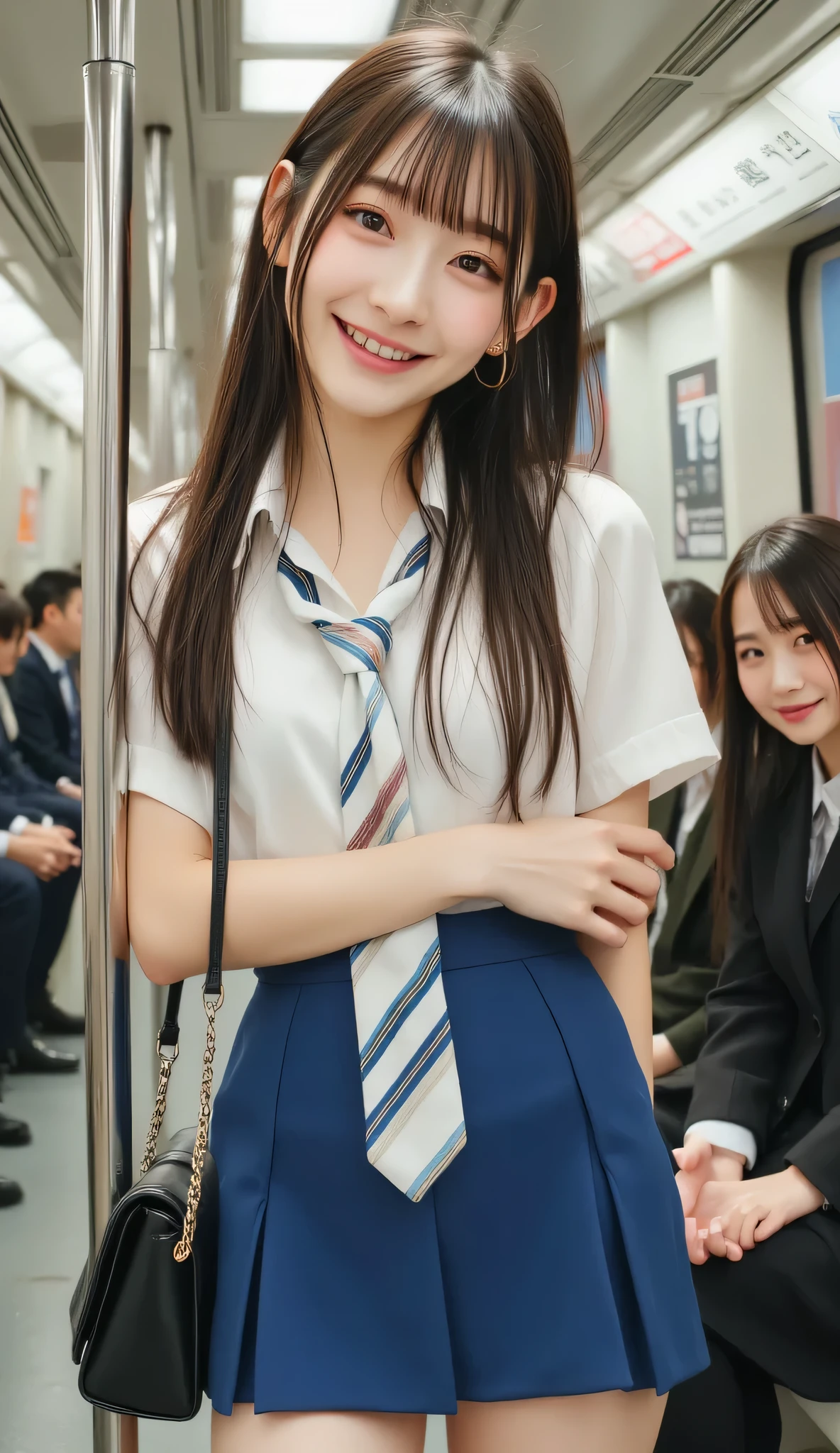 High Efficiency Image File Format,IMG_HEIC,The image is a high-resolution photograph,A photograph of an girl with fair skin,standing on a subway train. She has straight long hair,and wears a white blouse,striped tie,and a blue short pleated skirt. She was carrying a black shoulder bag,with a confident expression and a smile on her face. Other passengers are seated in the background. The subway car has metal poles and advertisements on the walls.