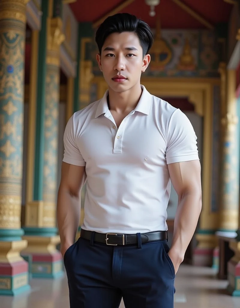 25 year old muscular Asian man, The face looks like that of an Indonesian artist., Bold and cool, Wear a tight white polo shirt., chest visible, Wear black trousers., ((in wonderland)), Pose, Photo model, Very high quality, Very high resolution,