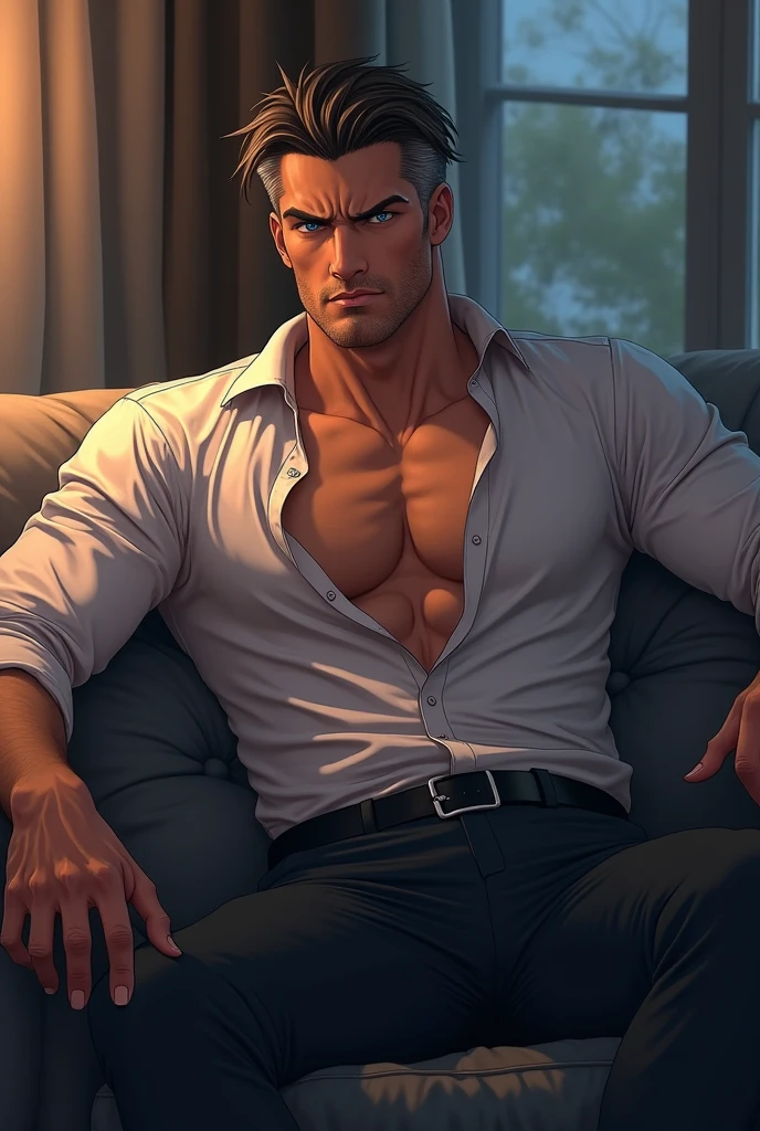 Best quality, masterpiece, expressionless,ultra high res,detailed background,realistic,1man,solo,male,muscular,mature male,short hair,facial hair,sitting,money,sofa, real shadow and light,depth of field, chest, biceps, abs, tall, water on body, jake, Jackson, daddy